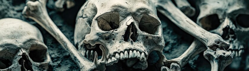 Poster - A detailed close-up of human skulls, showcasing intricate textures and shadows for a hauntingly beautiful aesthetic.