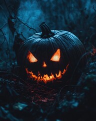 Poster - Halloween pumpkin with glowing eyes creating a spooky atmosphere at night close up shot