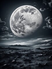 Ethereal Moonrise: Monochromatic Artwork of a Misty Horizon