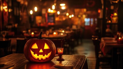 Wall Mural - halloween party decorations with a jack o lantern in a dimly lit restaurant setting
