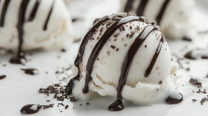 A close-up of custard apple ice cream scoops, topped with a drizzle of chocolate sauce, presented on a clean white surface for a tempting treat