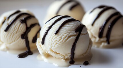 A close-up of custard apple ice cream scoops, topped with a drizzle of chocolate sauce, presented on a clean white surface for a tempting treat