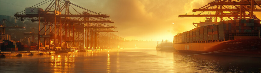 A captivating sunset casting golden light over an industrial sea port filled with shipping containers.