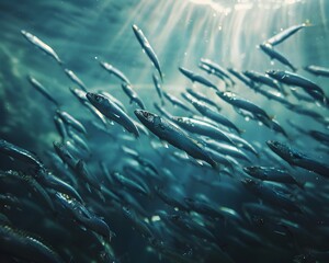 Canvas Print - Shimmering Sardine School Swimming in Unison Creating Mesmerizing Aquatic Patterns