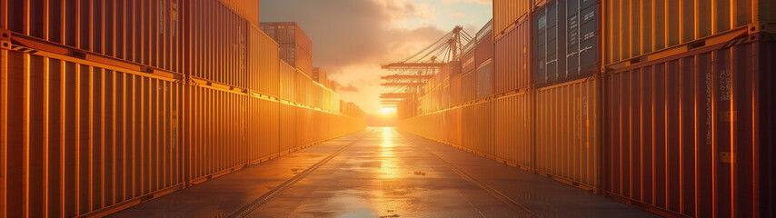 A captivating sunset casting golden light over an industrial sea port filled with shipping containers.