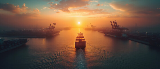 A captivating sunset casting golden light over an industrial sea port filled with shipping containers.