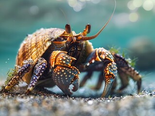 Sticker - Close up of a Hermit Crab Scuttling Across the Ocean Floor with Decorated Shell