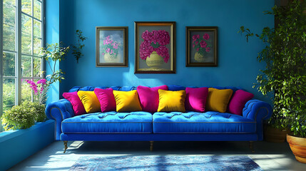 Sticker - A vibrant blue living room with a colorful sofa and floral art.