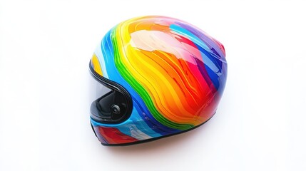 A creative helmet with a rainbow pattern, symbolizing inclusivity and fun, presented on a bright white backdrop to amplify its vibrancy