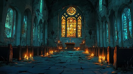 A creepy cartoon-style abandoned church with shattered stained-glass windows and flickering candles glowing softly. Ghostly spirits swirl through the broken windows and empty aisles,