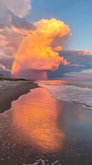 Capture a stunning photo of an epic cloud formation over the beach in North Carolina, with vibrant hues reflecting a beautiful rainbow arching through the sky above the gentle waves.