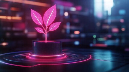 Poster - Digital growth concept with neon leaves symbolizing innovation and sustainability