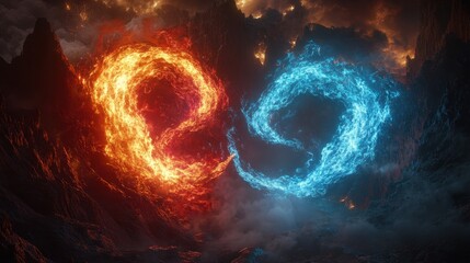 Poster - Glowing Red and Blue Flames Intertwined in Dramatic Contrast