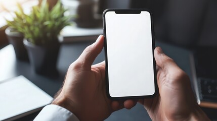 cell phone blank white screen mockup.hand holding texting using mobile on desk at office.background empty space for advertise.work people contact marketing business,technology