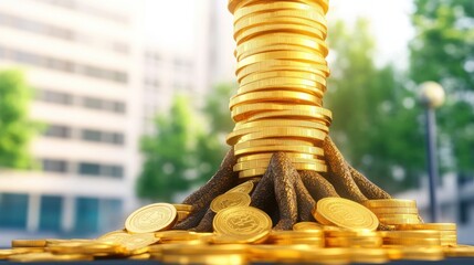 Poster - A stack of golden coins growing like a tree symbolizes wealth and prosperity