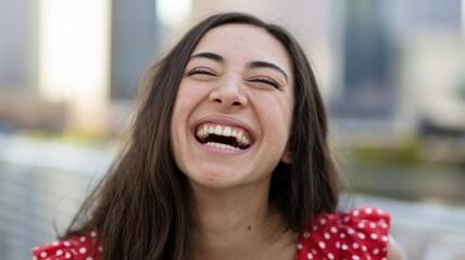 Joyful Woman Laughing in Outdoor Urban Setting