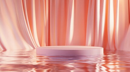 Poster - Sophisticated 3D render of an abstract platform podium on water, featuring fluttering curtains. Pastel minimal background ideal for showcasing products
