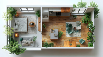 Poster - A modern, plant-filled apartment layout showcasing living and sleeping areas.