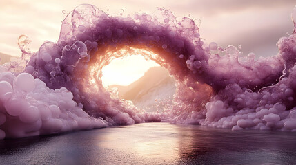 Sticker - A surreal wave of purple bubbles against a serene landscape.