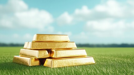 Poster - Shimmering Gold Bars Reflecting Wealth and Prosperity in a Green Landscape