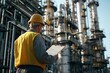© authapol - Worker with Clipboard at a Tall Refinery Site