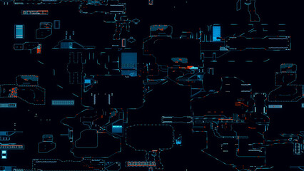 Poster - Printed circuit board. Visualization of printed circuit board processor chip, digitalization of neural networks and cloud computing. Digital pulses transmit data. Electronic circuit board operation