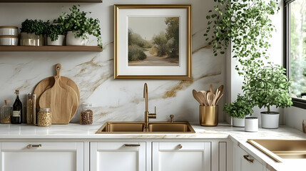 Poster - Elegant kitchen with modern decor and natural elements.