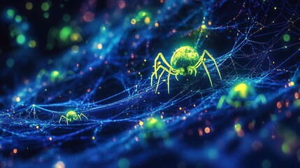 A dark corner covered in spiderwebs, cartoon style, with glowing green and blue spiders crawling on the strands. The webs are intricately woven, with small droplets of dew reflecting the neon glow.