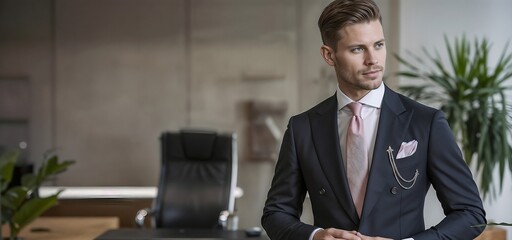 Confident young CEO in elegant suit posing in modern office with greenery background, copy space
