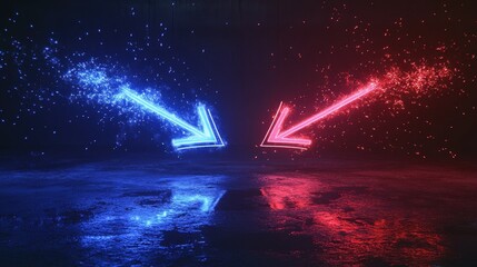 Poster - Neon Arrows Colliding with Sparks in Dark Space