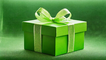 A beautifully wrapped green gift with a shiny ribbon sits on a simple green background, perfect for celebrations and special occasions