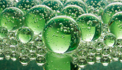 Poster - Close-up view of green bubbles on glass surface reflecting light in an artistic arrangement