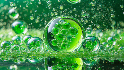 Poster - Colorful green bubbles floating on a reflective surface with a vibrant backdrop of shimmering green elements