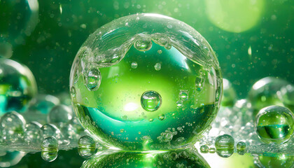 Poster - Close-up view of vibrant green soap bubbles reflecting light in a serene environment with a focus on liquid textures and shapes