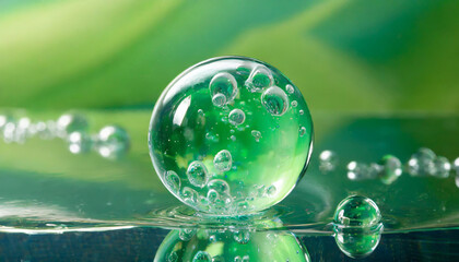 Poster - A green bubble surrounded by smaller bubbles floating on still water with a vibrant green background