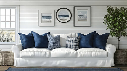 Poster - Cozy living room with a white sofa and decorative pillows.