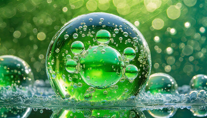Poster - Translucent green bubbles reflect soft light in an enchanting natural setting, captured close-up with a calm background