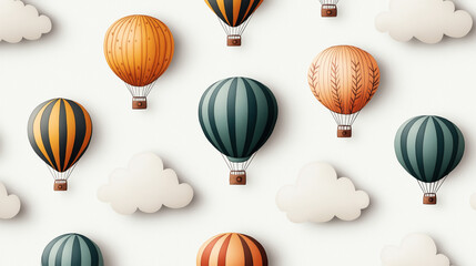 Sticker - Pattern of colorful hot air balloons and fluffy clouds on a light background, featuring various designs and orientations, creating a playful and whimsical atmosphere.