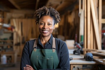 Wall Mural - Portrait of a middle aged African American female carpenter in shop