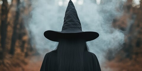 A mysterious figure in a black witch hat stands in a foggy forest, evoking a sense of magic and the unknown.