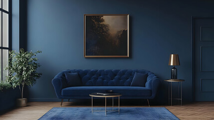 Wall Mural - Cozy living room with a blue theme and modern decor.