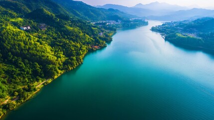 Canvas Print - A breathtaking aerial view of a serene river winding its way through lush green hills, showcasing the tranquility of nature. The image captures the beauty of a winding river, green hills, and blue sky