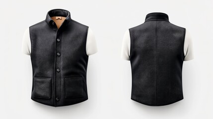 Front and back views of a black sleeveless vest with a buttoned front and two pockets, worn over a white short-sleeve shirt, displayed on a mannequin.