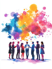 Canvas Print - A diverse team of professionals brainstorming new ideas, represented by a colorful watercolor cloud, symbolizing creativity, innovation, collaboration, and growth.