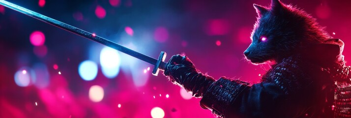 Canvas Print - A fierce wolf warrior in samurai armor, wielding a katana, stands ready for battle, with glowing red eyes and a determined expression. The background is a vibrant neon glow, symbolizing power, strengt