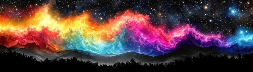 Poster - Vivid cosmic landscape showcasing brilliant colors of nebulae and stars against a dark silhouette of mountains.