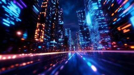 Canvas Print - A futuristic city illuminated by neon lights, where AI controls the transportation system, symbolizing advanced technology, urban design, innovation, efficiency, and progress.