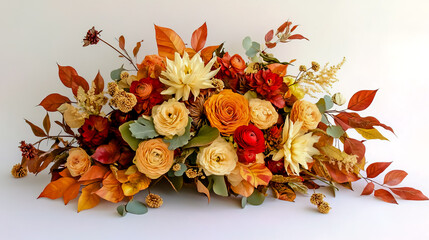 A delicate yet vibrant autumn bouquet, featuring a mix of warm-toned flowers and foliage in shades of deep red, orange, and golden yellow.