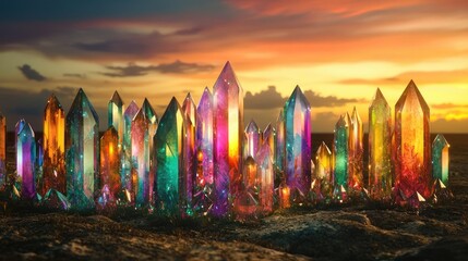 Aufkleber - A stunning display of colorful crystals reflecting light at sunset, creating a magical and serene natural landscape.