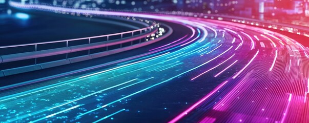 Poster - A vibrant night scene showcasing colorful light trails on a winding road, embodying speed and motion in a modern urban setting.
